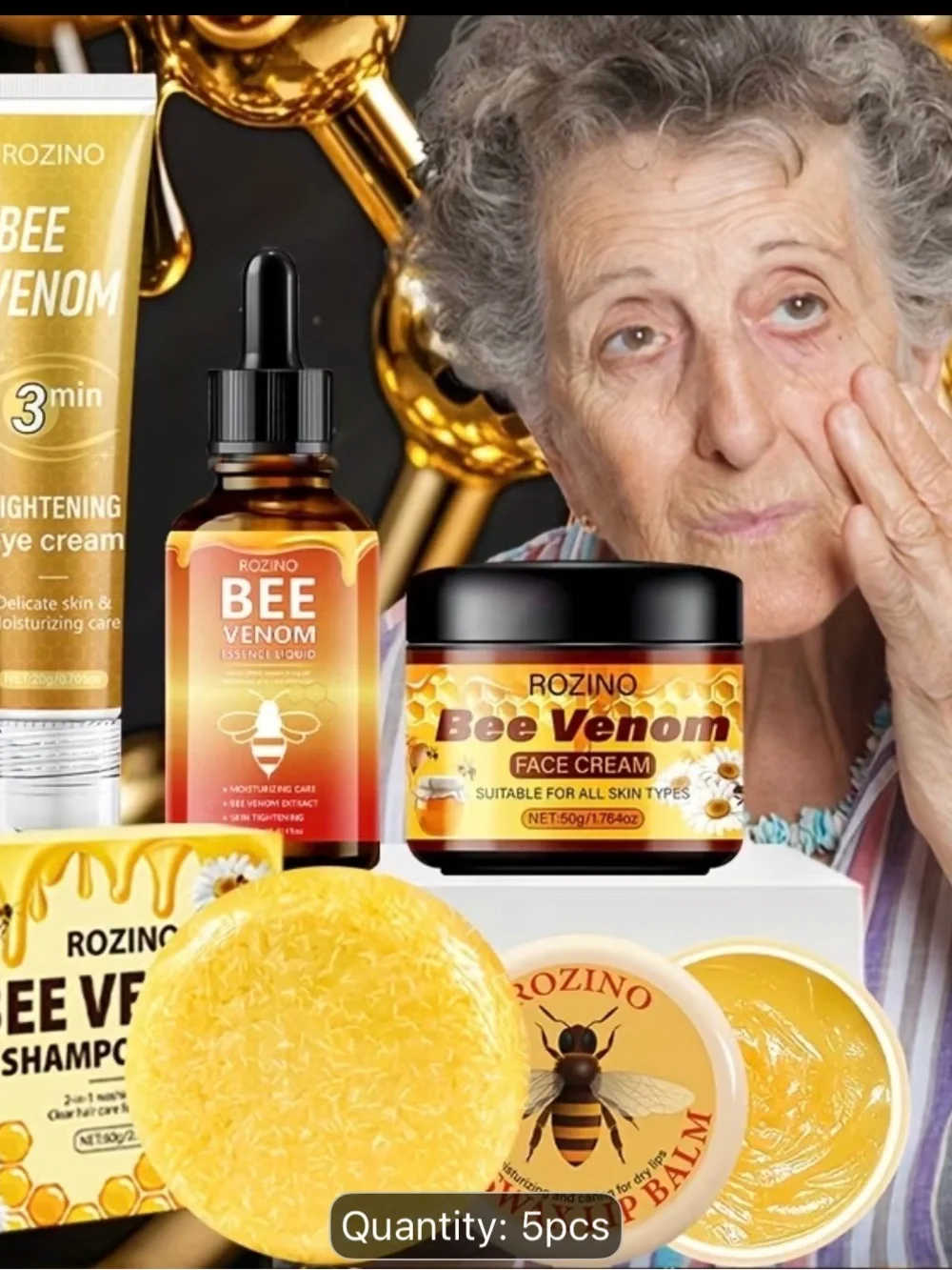 ROZINO Bee Venom Skincare Set Essence, Eye/Face Cream, Lip Balm, Shampoo Soap